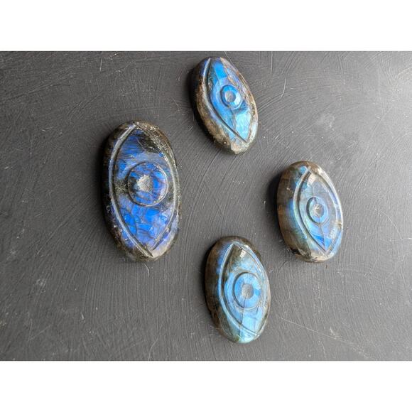 Four EYE Carved Oval Labradorite Gemstones 29x20mm 40x20mm 25x16mm - Picture 2 of 7